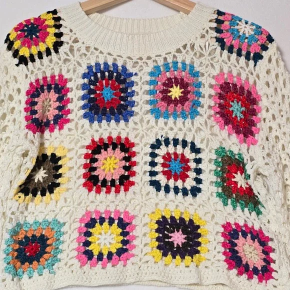 Debut Cream Crochet Granny Square Sweater Long Sleeve Women's Size S - Picture 2 of 9